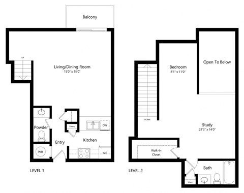 Floor plan for 1 bed, 1.5 baths, 1082 sqft